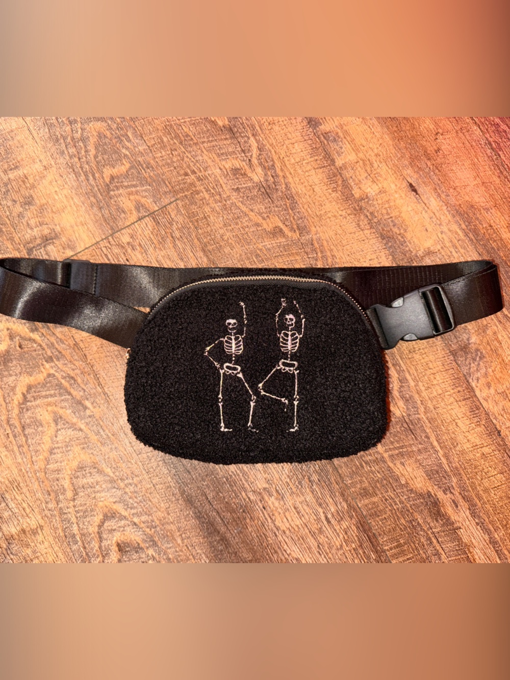 Black Fleece Skeleton Embroidered Crossbody Belt Bag